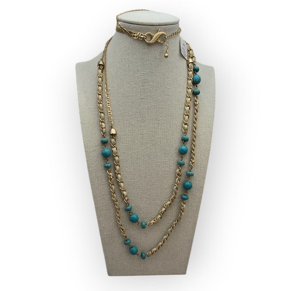 Lia Sophia Big Sky Turquoise Two Strand Necklace Gold Layered Boho Western